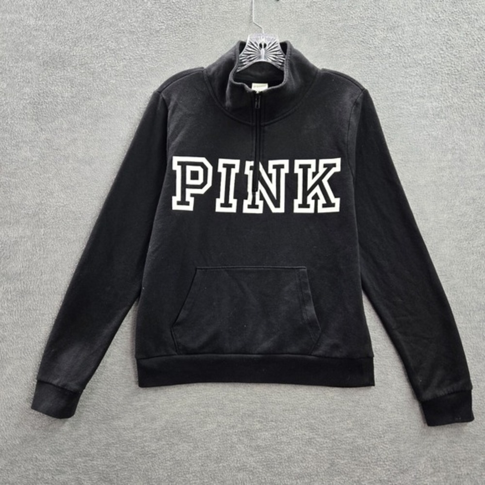 Pink Victorias Secret Women Sweatshirt Medium Black Logo 1/4 Zip Mock Neck daz